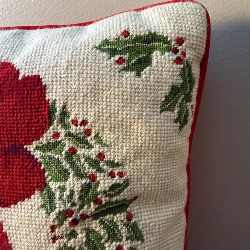 Holiday Wreath Needlepoint Pillow with Red Bow
